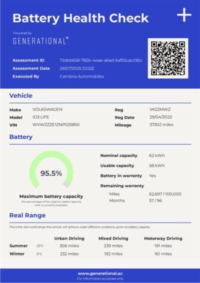 cambria battery health check report generated by generational