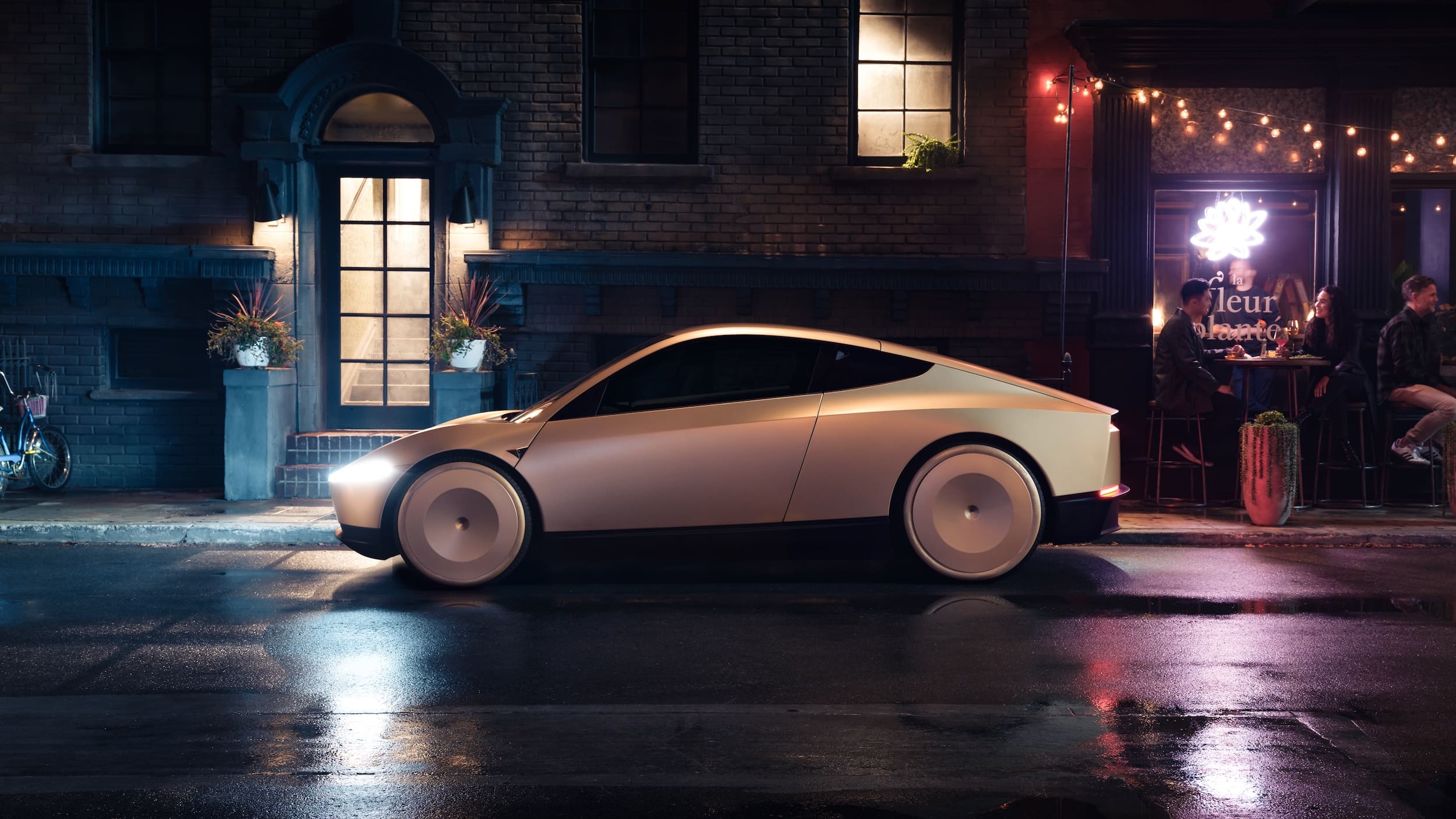 Tesla Cybercab night-time render